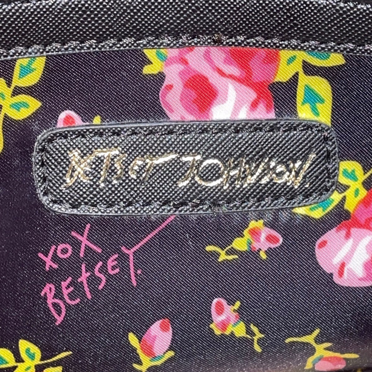 Betsey Johnson Women’s Black & Pink Floral Print With Gold Heart Detail Clutch