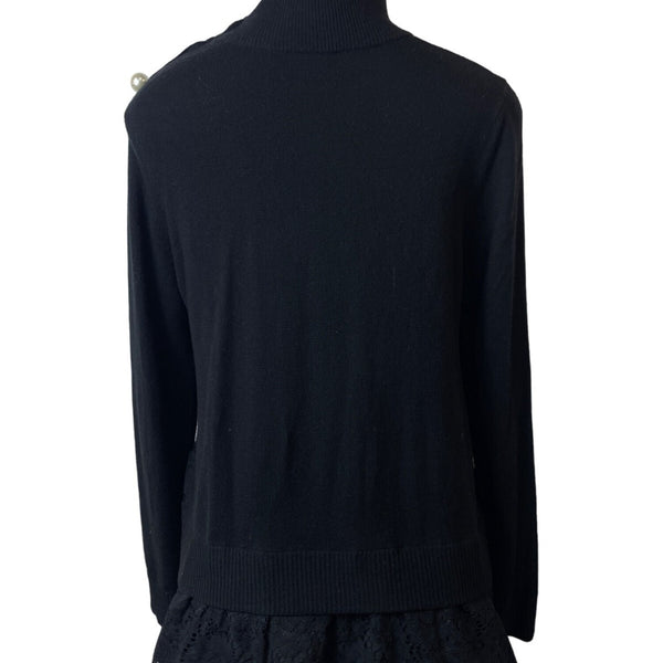 Kate Spade Broome Street Black Sweater With Lace Hem & Pearl Button Accents Sz M