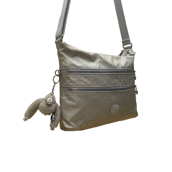 Kipling Women’s Silver Metallic Zippered Pockets Adjustable Strap Crossbody Bag