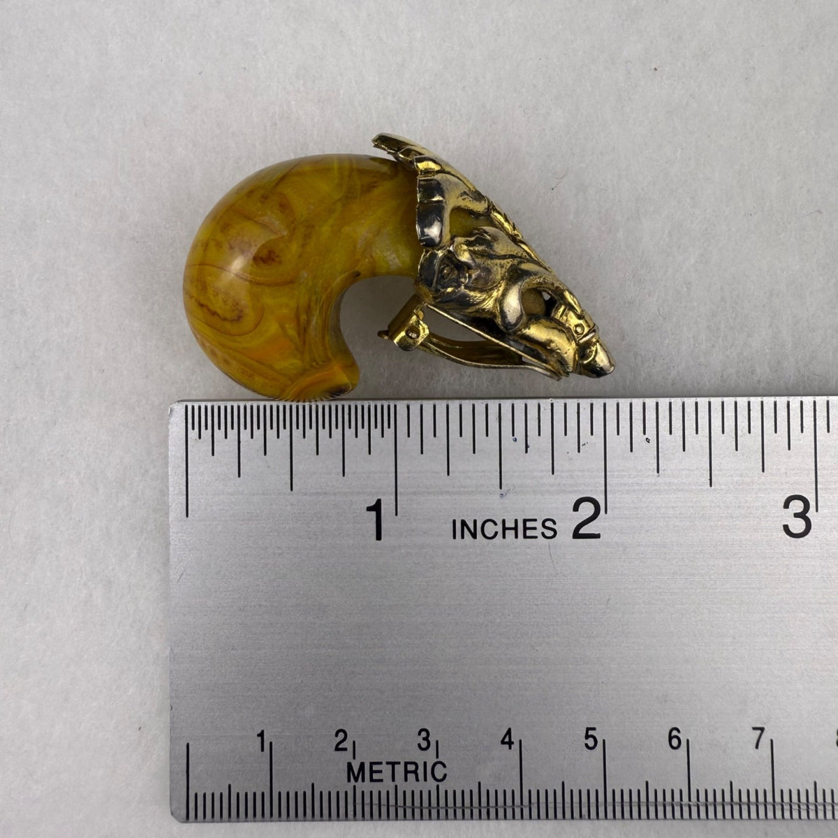 Vintage Clip-On Earrings Gold Tone & Amber Resin Deco Motif Swirl Design