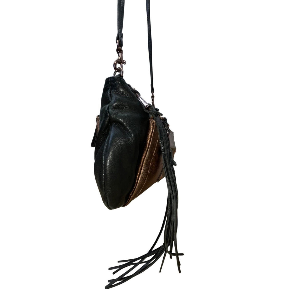 B. Makowsky Women’s Black & Bronze Leather With Fringe Zippered Crossbody Bag