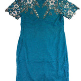 Sténay Womens Teal Beaded Sequin Floral Silk Evening Cocktail Dress Size 14