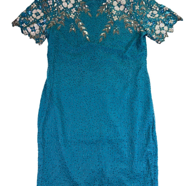 Sténay Womens Teal Beaded Sequin Floral Silk Evening Cocktail Dress Size 14