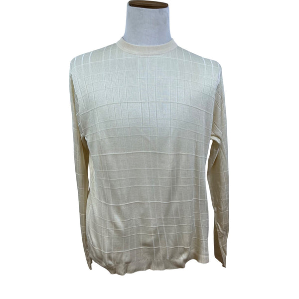 Bachrach Mens Cream 100% Silk Long Sleeve Sweater Grid Pattern Size L