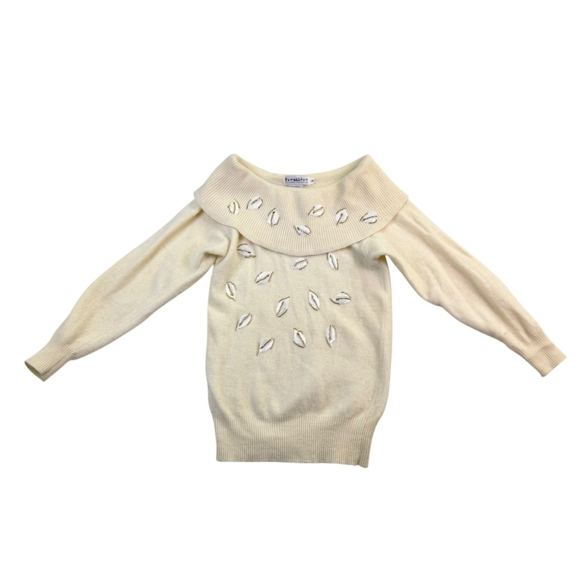 Première Womens Beige Lambswool Off-Shoulder Embroidered Sweater Size M