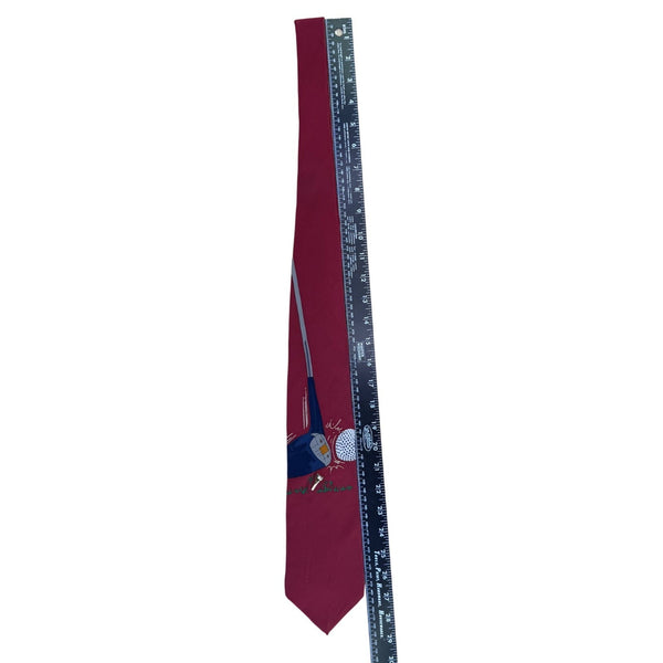 Vichy Davis Mens Burgundy 100% Silk Novelty Golf Print Tie Made In USA
