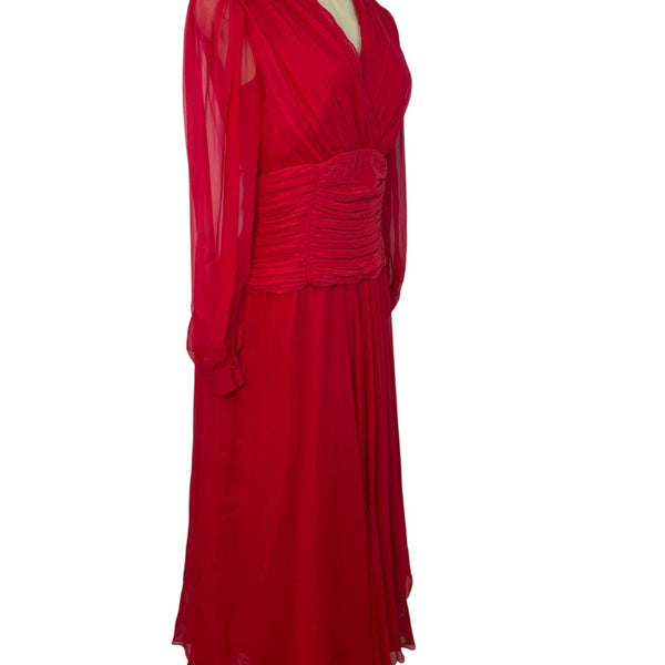 Vintage Red Long-Sleeve Chiffon Dress With Pleated Wrap Bodice Sz 10