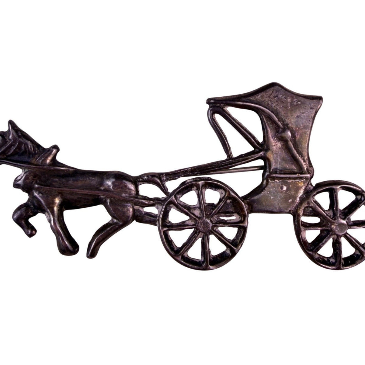 Vintage Sterling  Silver Tone Horse & Carriage Brooch Pin Jewelry