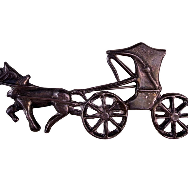 Vintage Sterling  Silver Tone Horse & Carriage Brooch Pin Jewelry