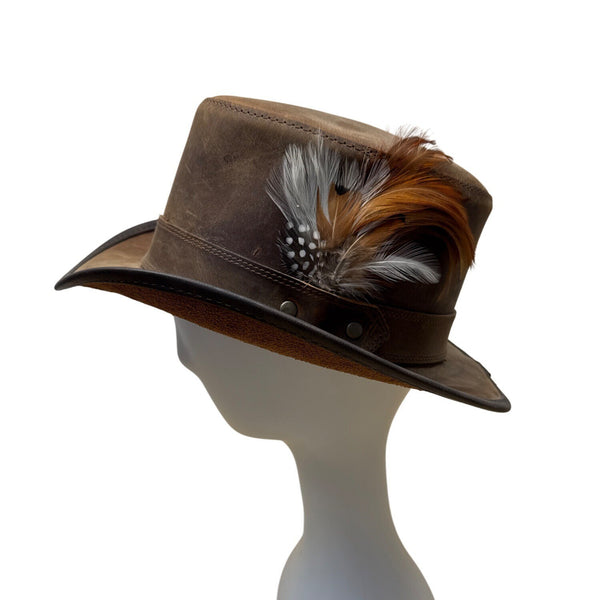 Head N Home Hats Brown Distressed Leather Steampunk Top W/ Feather Stoker Size S