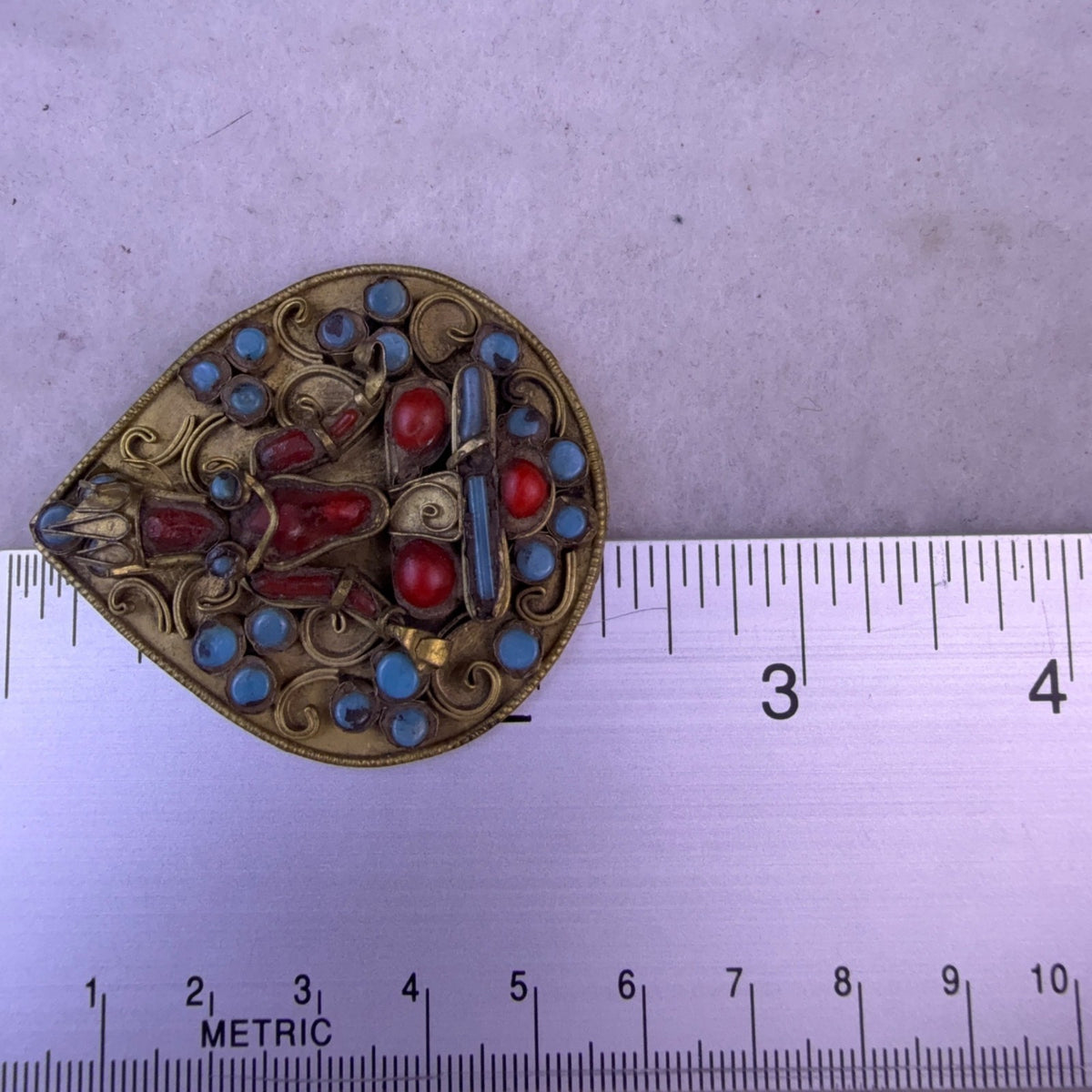 Antique Handmade Hindu Brass Goddess Brooch With Coral & Turquoise Pattern