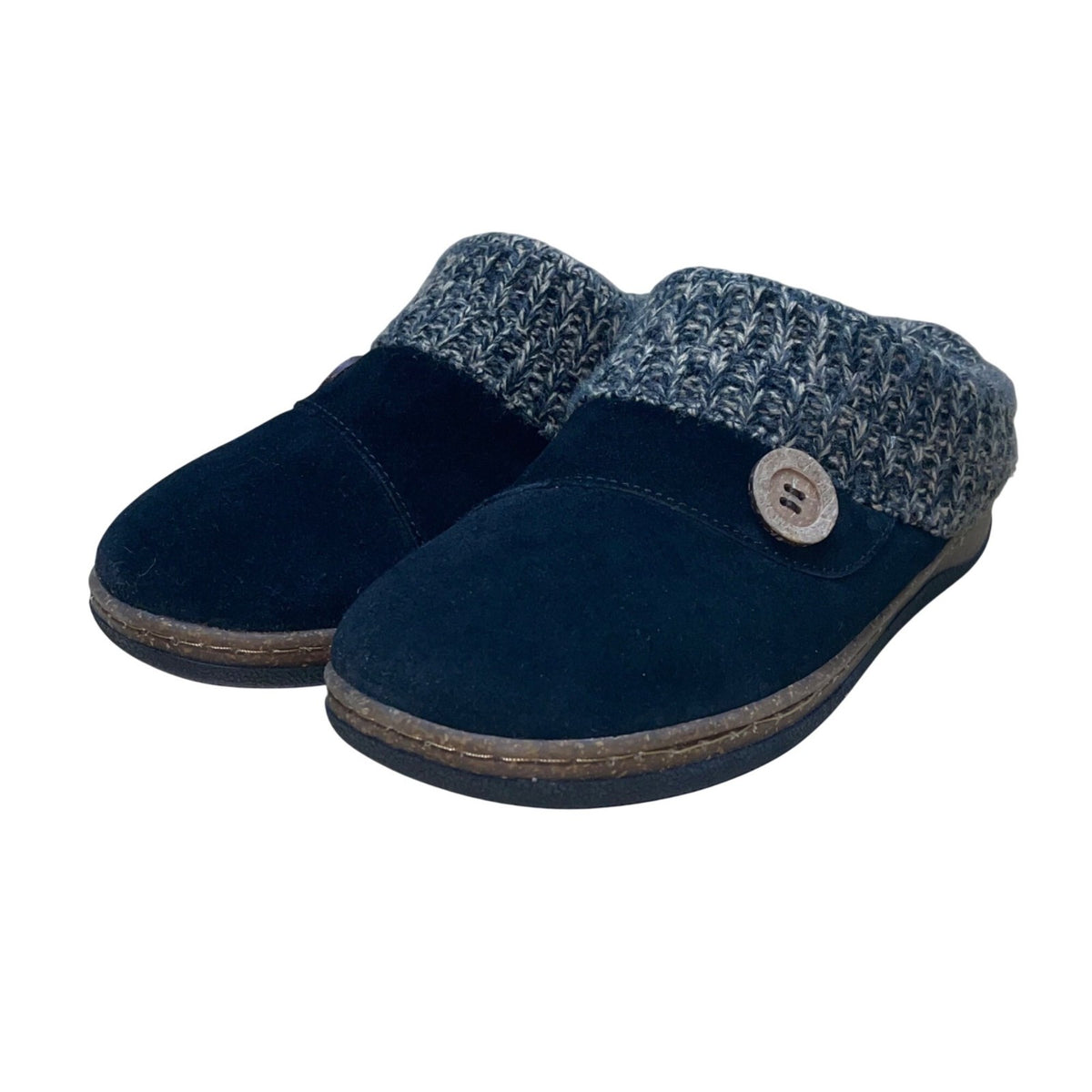 Clarks Women’s Black Suede & Brown Knit Collar Cozy Slip-On Slippers Size 9M