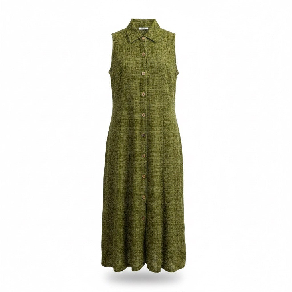 Click Womens Olive Green Linen Sleeveless Button-Down A-Line Midi Dress Size M