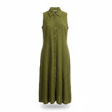 Click Womens Olive Green Linen Sleeveless Button-Down A-Line Midi Dress Size M