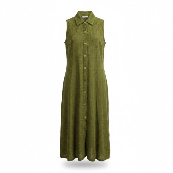 Click Womens Olive Green Linen Sleeveless Button-Down A-Line Midi Dress Size M