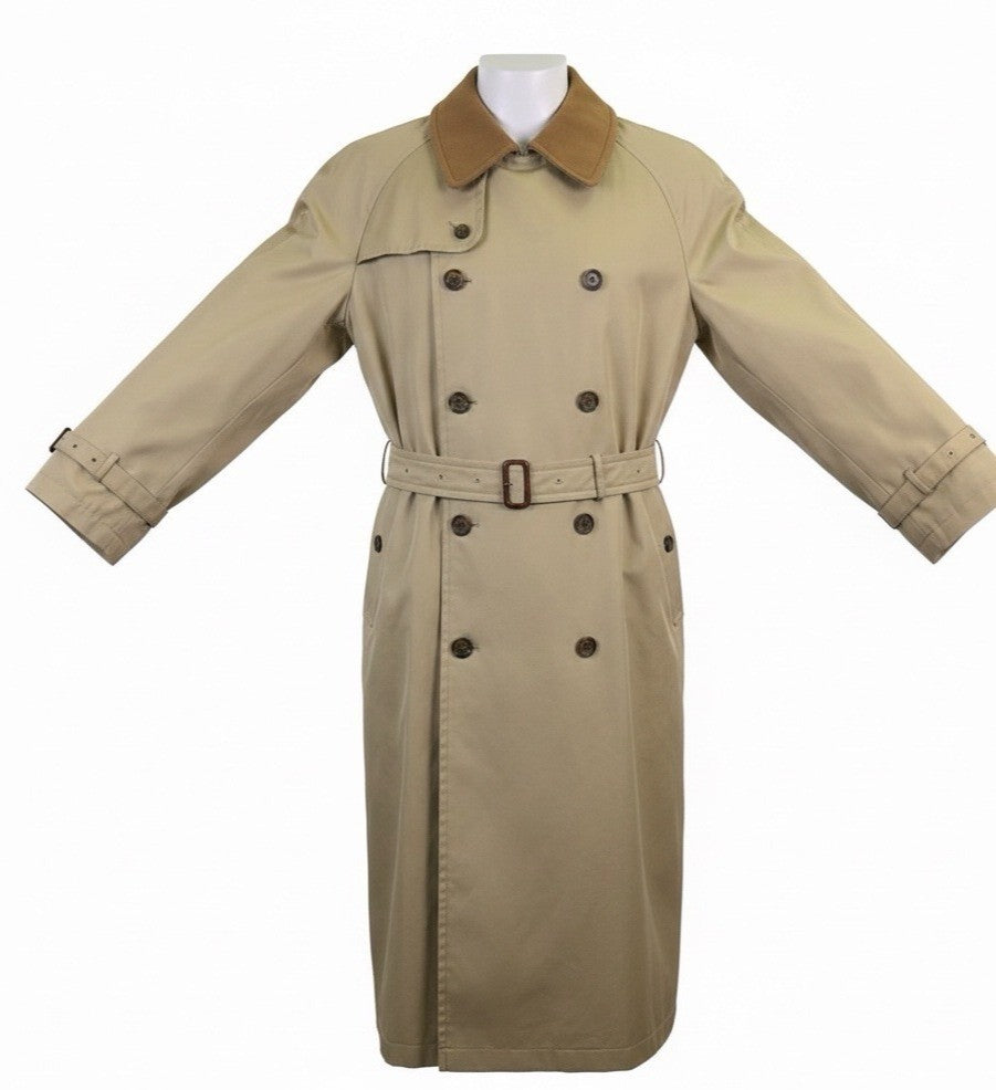 Sanyo Mens Khaki Double Breasted Trench Coat With Belt Wool Collar 42R