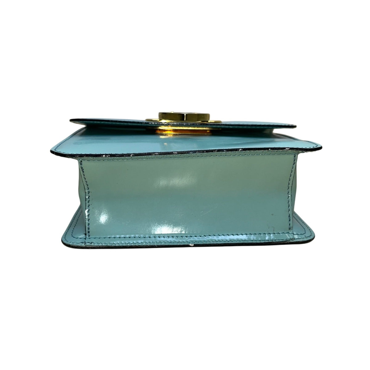 Moschino Women’s Light Blue Leather Gold Logo Hardware Structured Clutch Handbag
