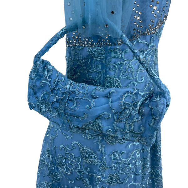 Vintage Womens Blue Embellished Sheer Long-Sleeve Gown With Beaded Overlay