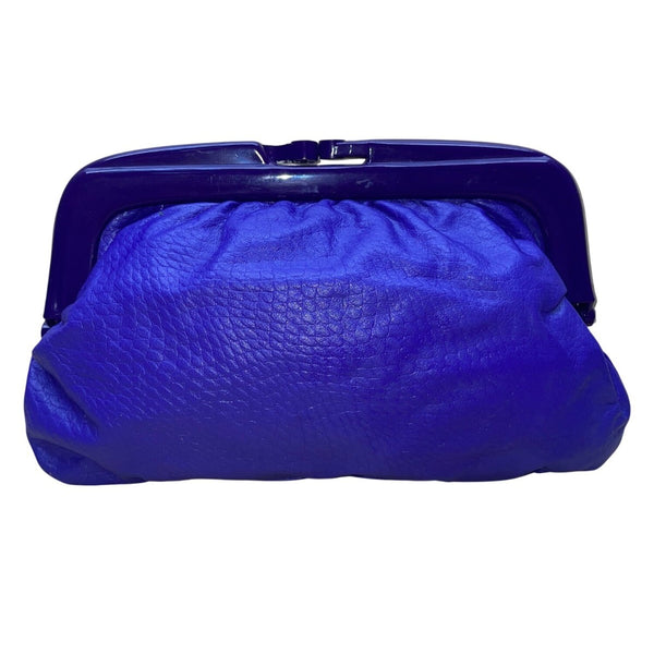 Made In Italy Genuine Leather Women's Blue With Hard Frame Textured Clutch Bag