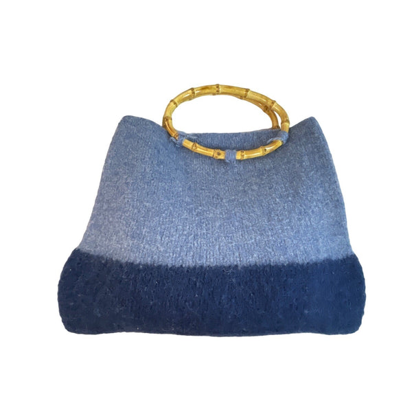Handcrafted Women's Blue Wool Bamboo Handle Satchel Bag Sz M