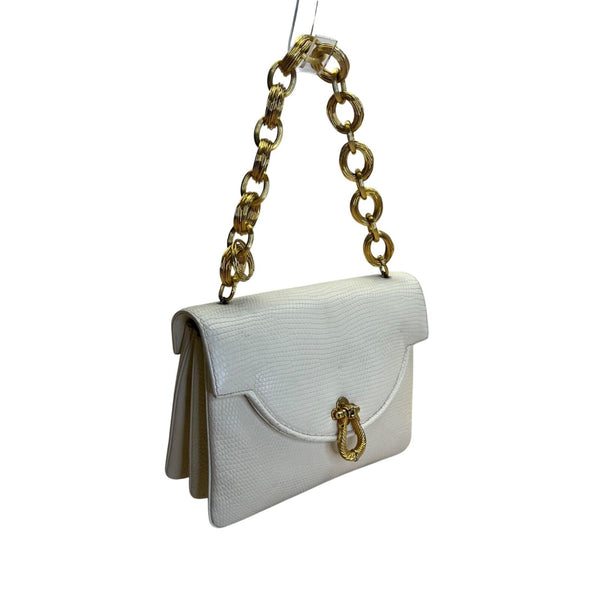 Vintage Finesse White Faux Lizard Leather Handbag Gold Chain Strap & Twist Clasp