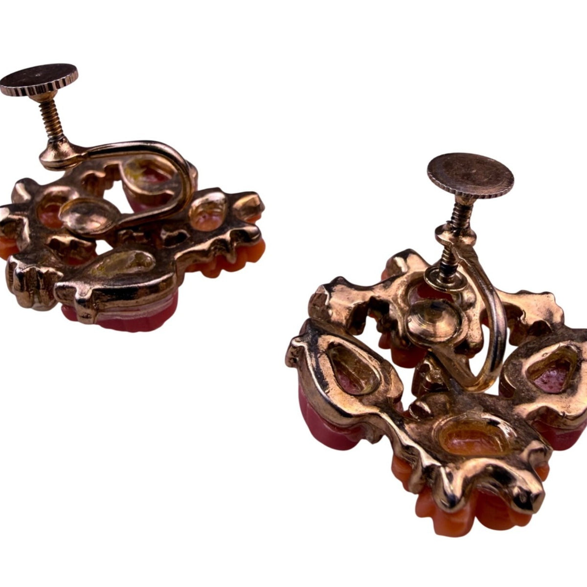Vintage Womens Orange & Red Celluloid Floral Screw Back Earrings