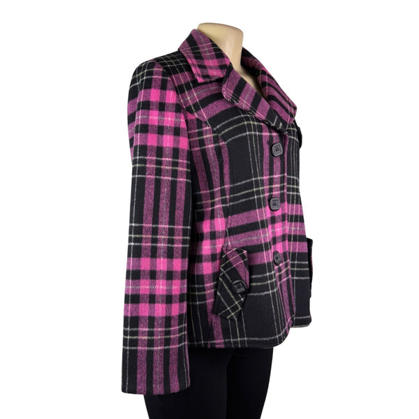 Abbie Mags Womens Black & Pink Plaid Wool Blend Button-Up Coat Retro Chic Size S