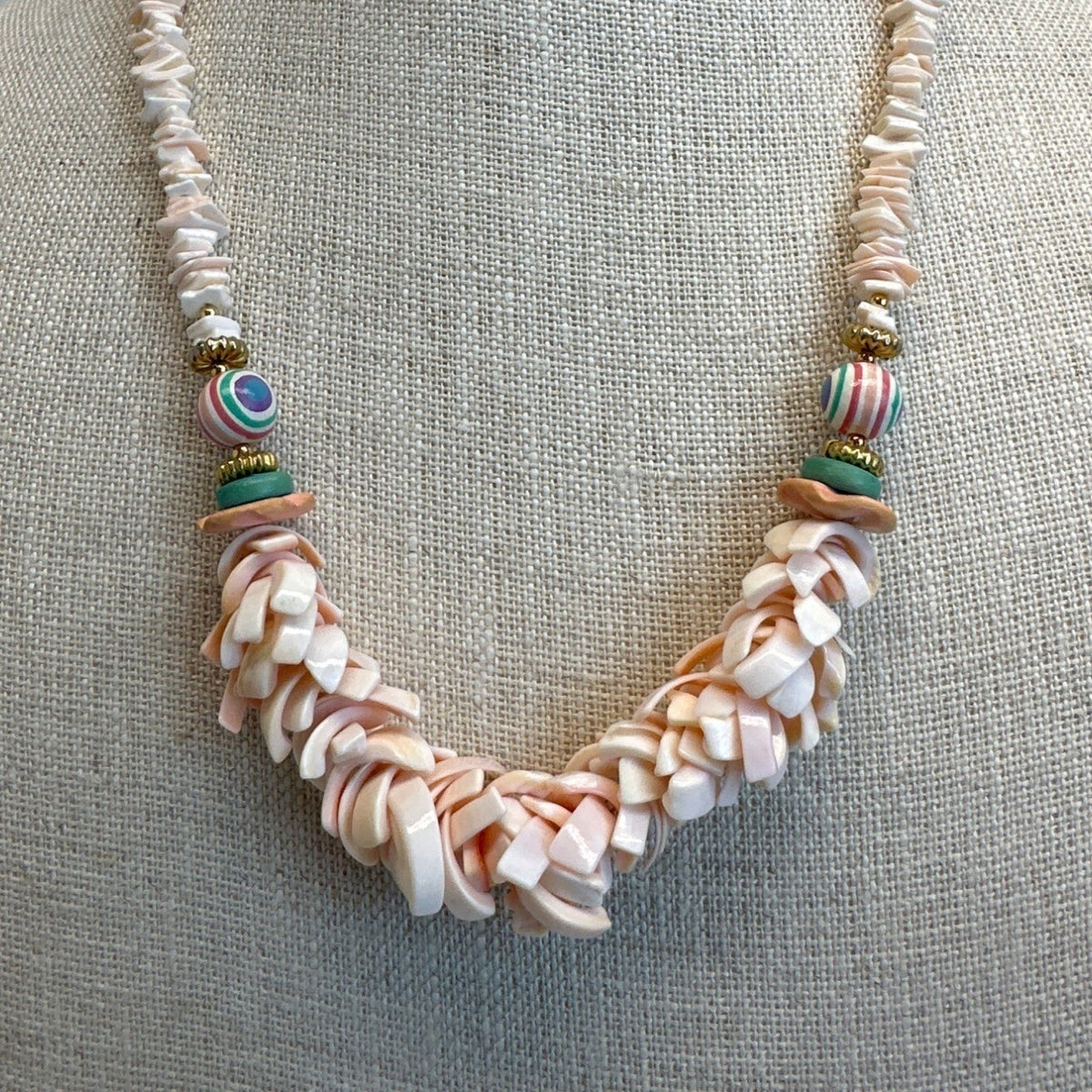 Vintage Pink Heishi Bib Shell Hawiian Necklace - 20in