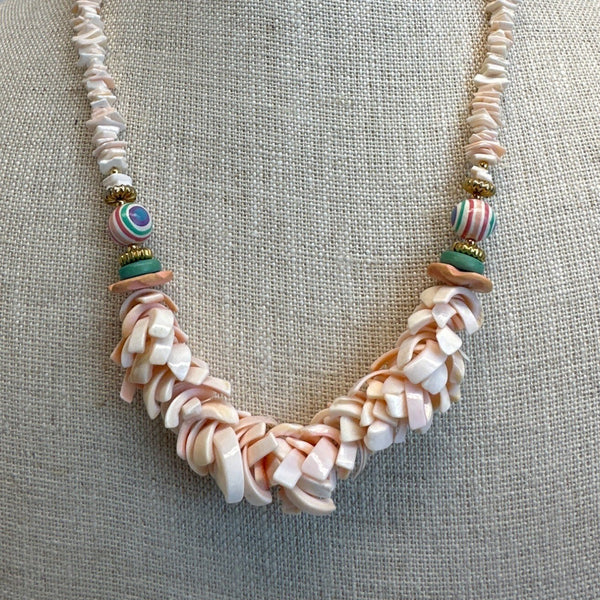 Vintage Pink Heishi Bib Shell Hawiian Necklace - 20in