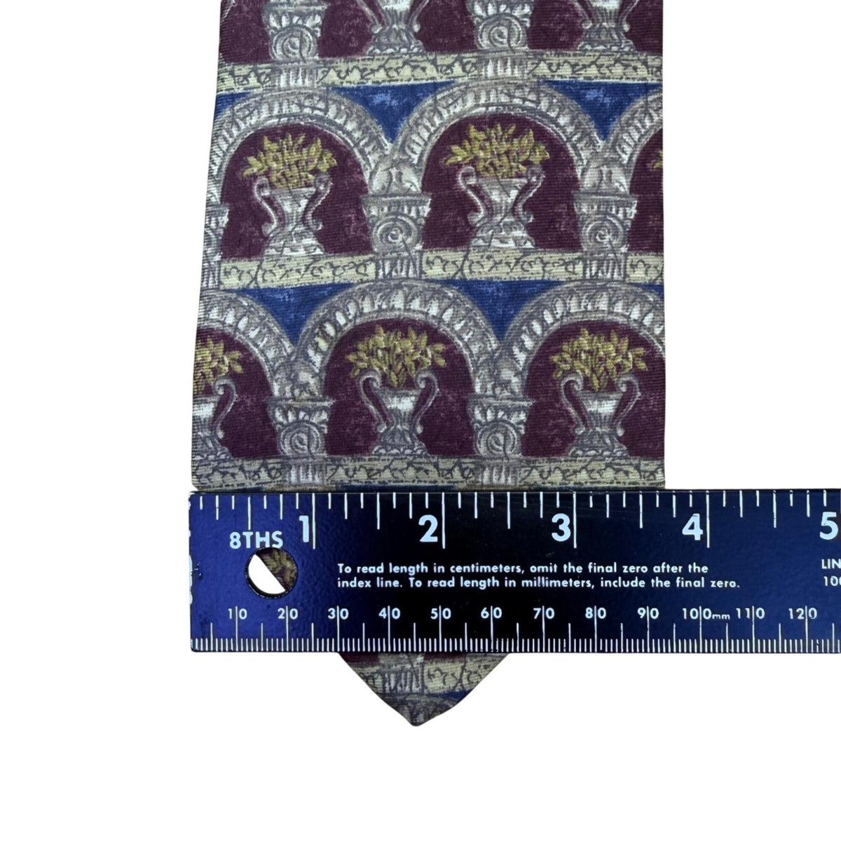 Bill Blass Mens Burgundy/Gold/Blue 100% Silk Patterned Necktie With Arch Motif