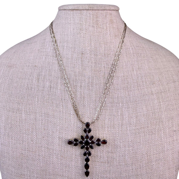 Sterling Silver Womens Garnet Gemstone Cross Pendant Necklace Vintage 925
