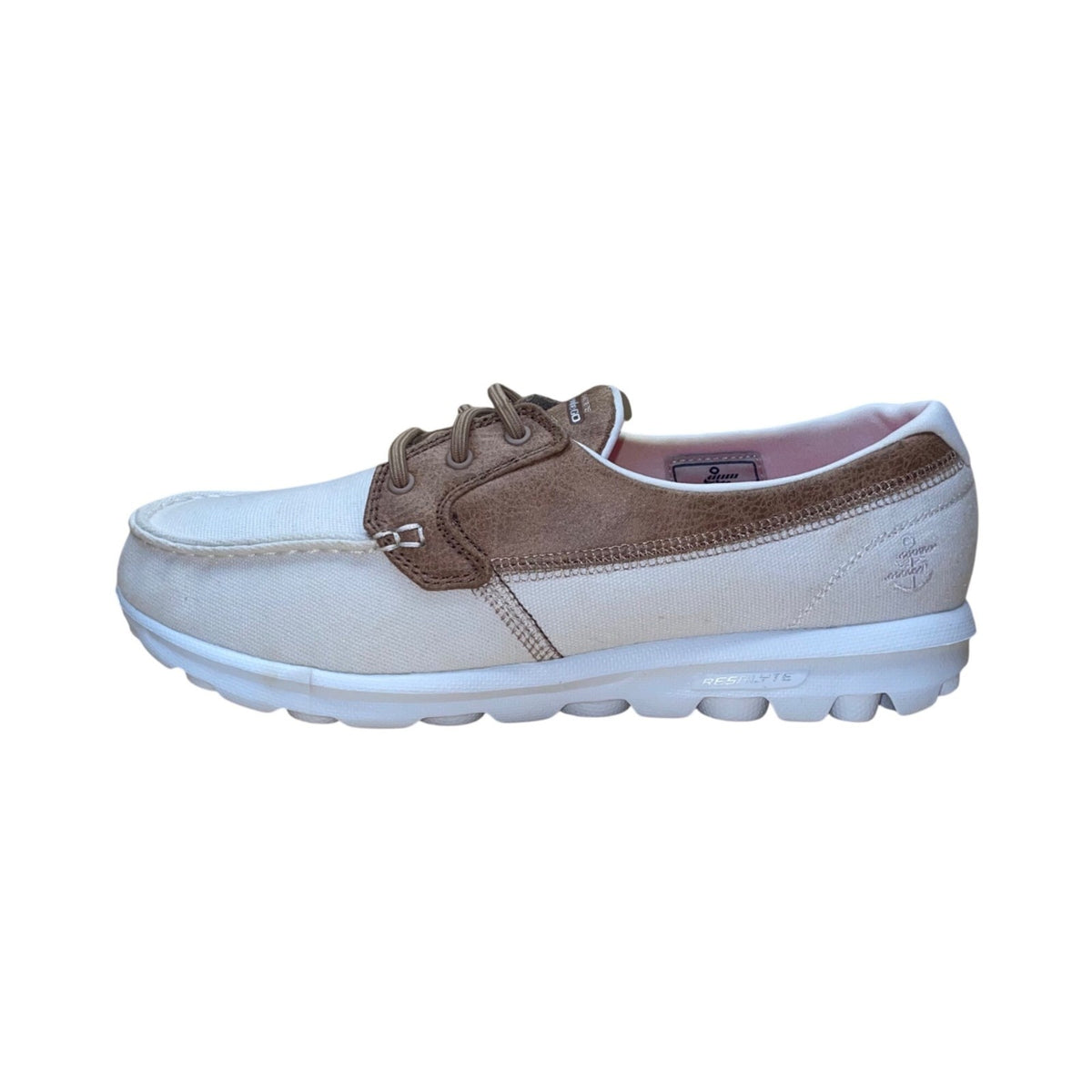 Skechers Women’s White & Brown Textile Goga Mat Insole Boat Shoe Size 9