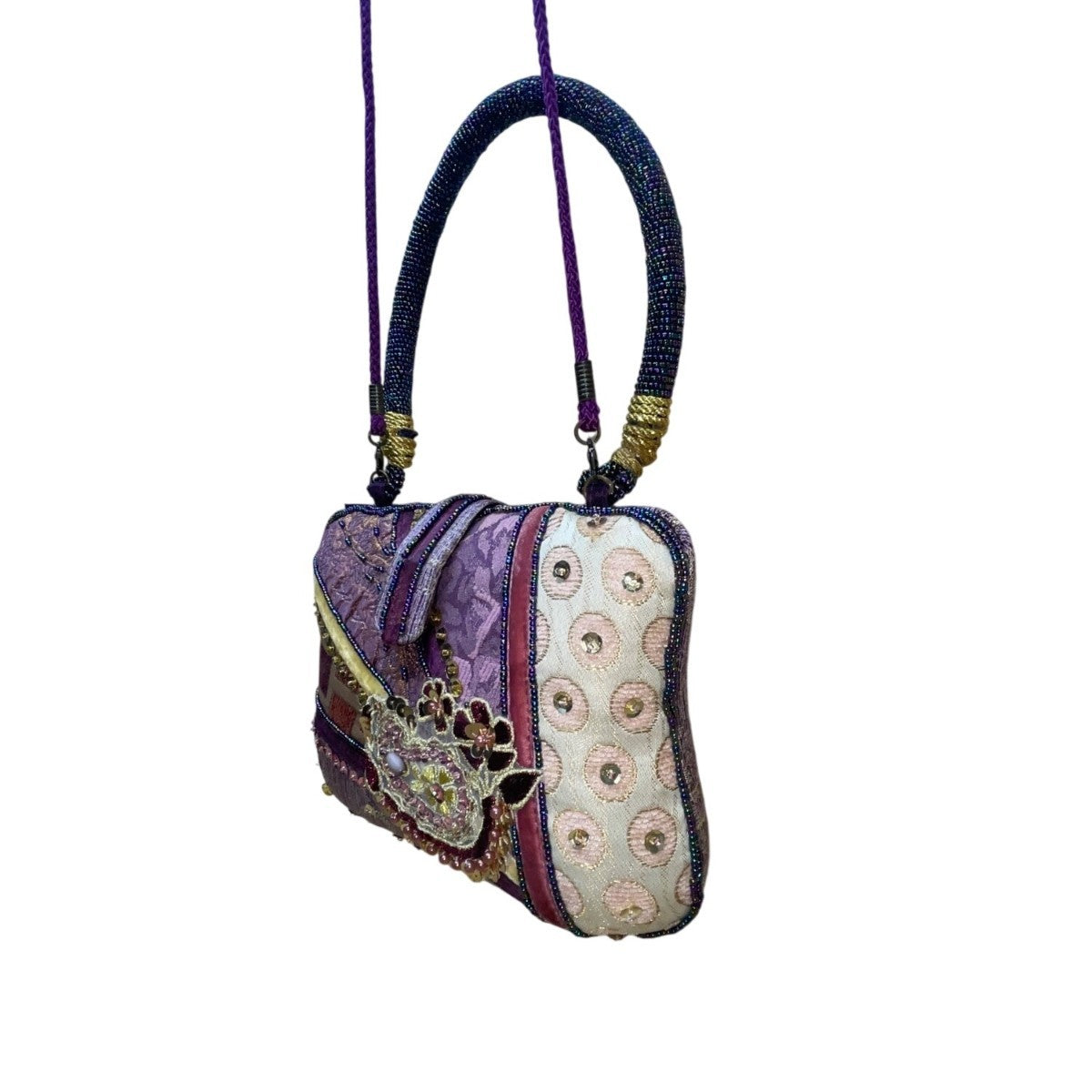 Bohemian Women’s Purple Patchwork Beaded Handbag With Embellished Details