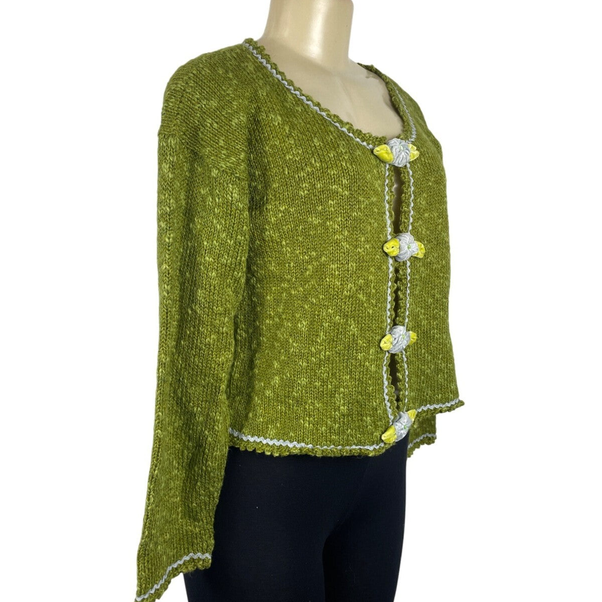 Hot Knots Womens Green Knit Cardigan With Floral Accent & Scalloped Trim