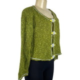 Hot Knots Womens Green Knit Cardigan With Floral Accent & Scalloped Trim