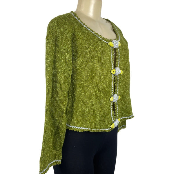 Hot Knots Womens Green Knit Cardigan With Floral Accent & Scalloped Trim