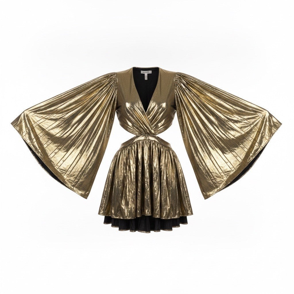 The Sanga Womens Gold Metallic Mini Dress Flared Sleeves Cutout Size M