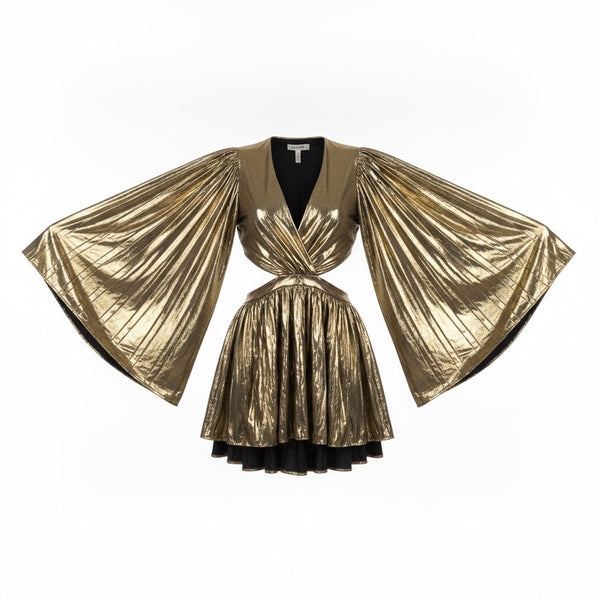 The Sanga Womens Gold Metallic Mini Dress Flared Sleeves Cutout Size M