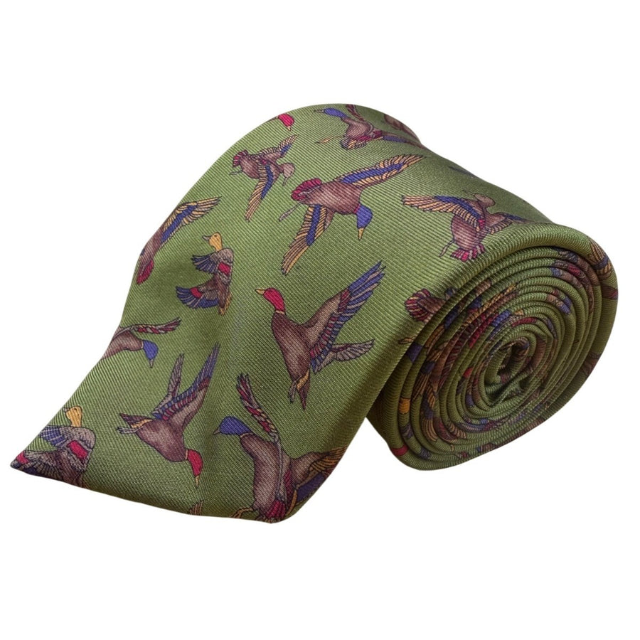 Ferragamo Mens Green Silk Tie Mallard Duck Animal Print Made In Italy