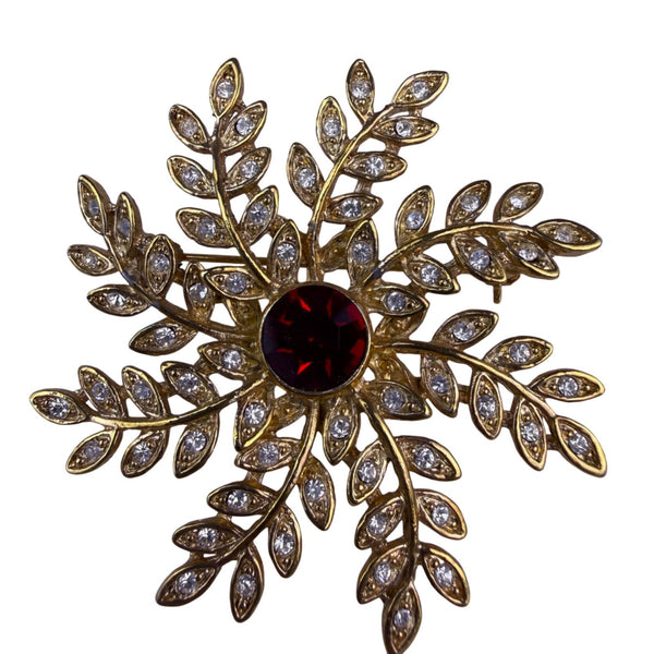 Vintage Gold Tone Womens Rhinestone Snowflake Brooch Jewelry Red/Multiple Stones