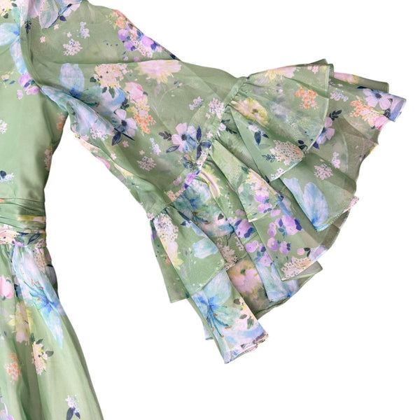 Mac Duggal Womens Green Floral Polyester Maxi Dress Elegant Bell Sleeves Sz 16