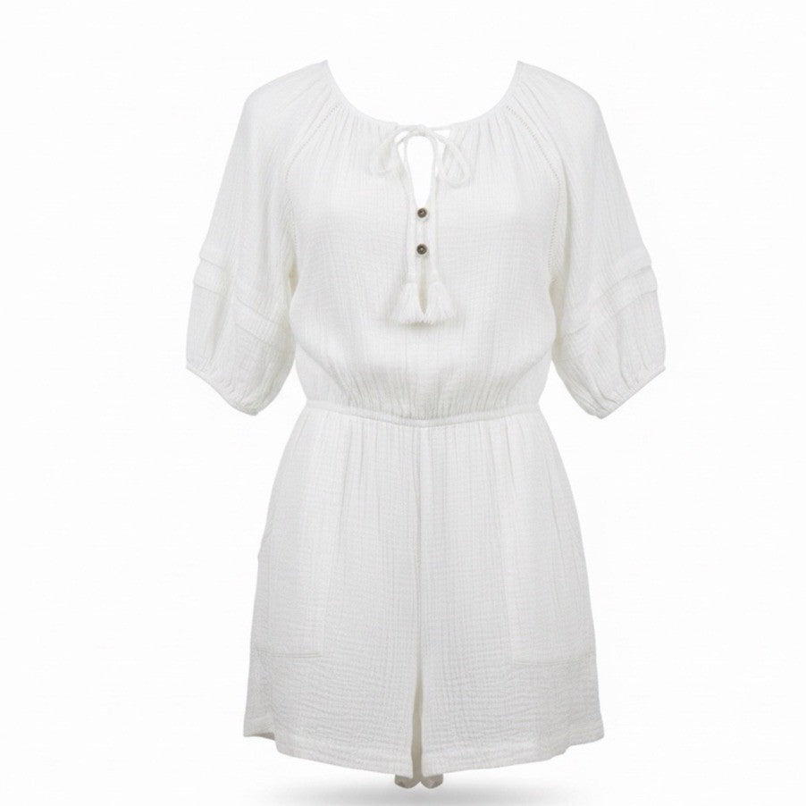 Knox Rose Womens White Cotton Gauze Romper Tassel Tie Accent Size S