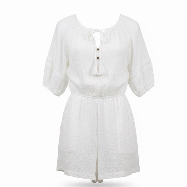 Knox Rose Womens White Cotton Gauze Romper Tassel Tie Accent Size S