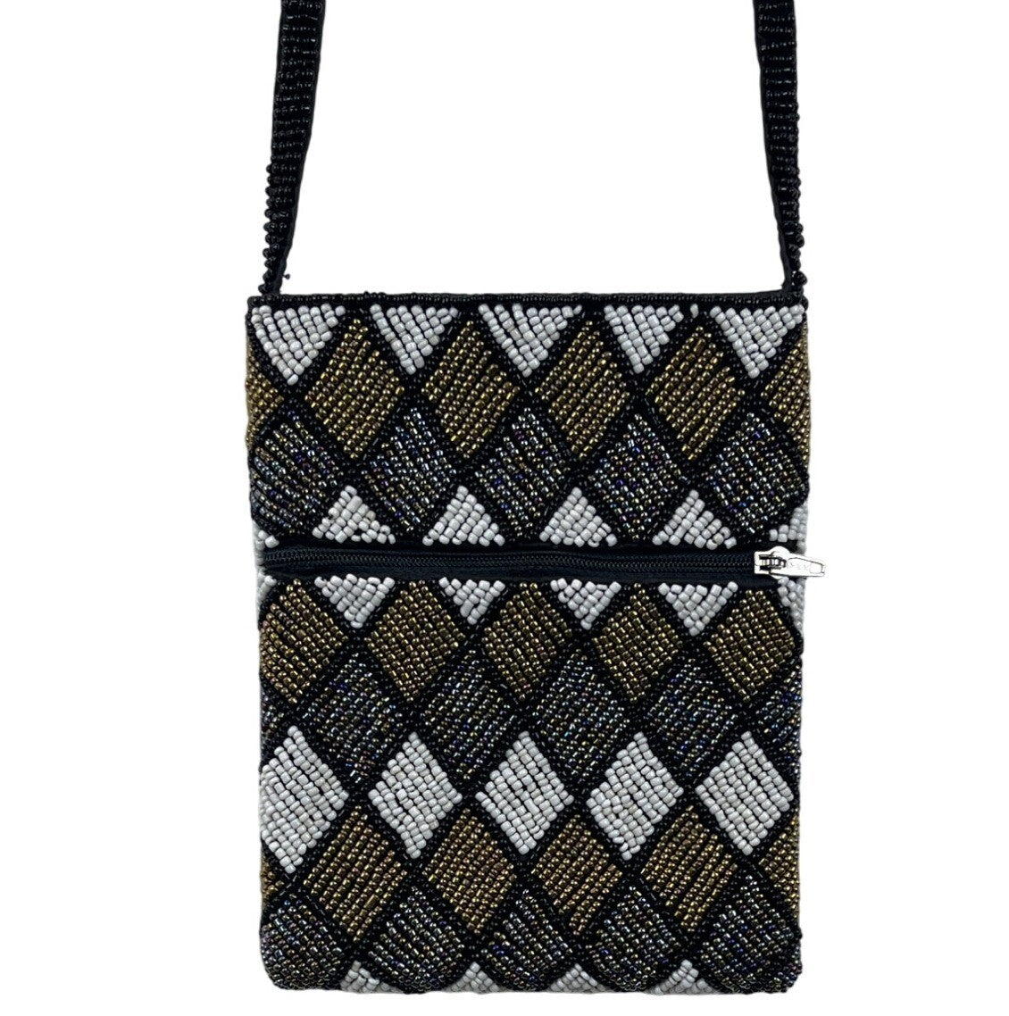 Beaded Harlequin Pattern Black Gold Silver White Crossbody Bag Sz S