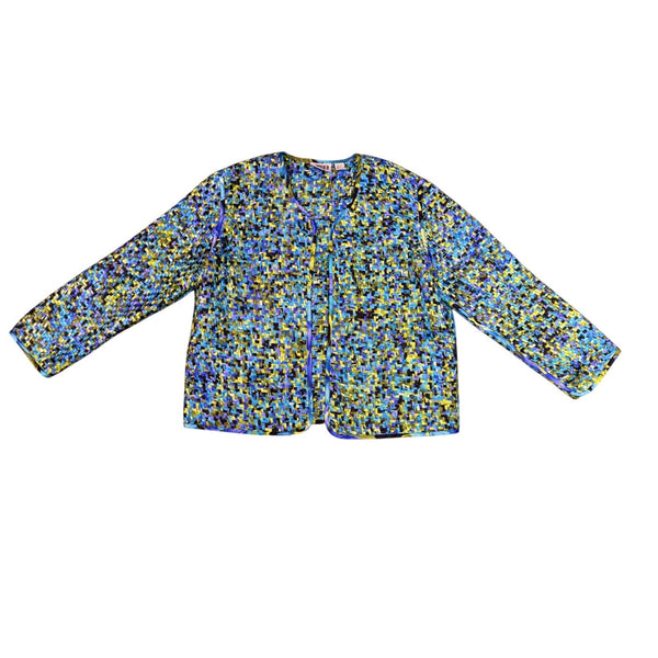 Chicos Design Womens Blue Yellow Multicolor 100% Silk Open Front Jacket Size 2