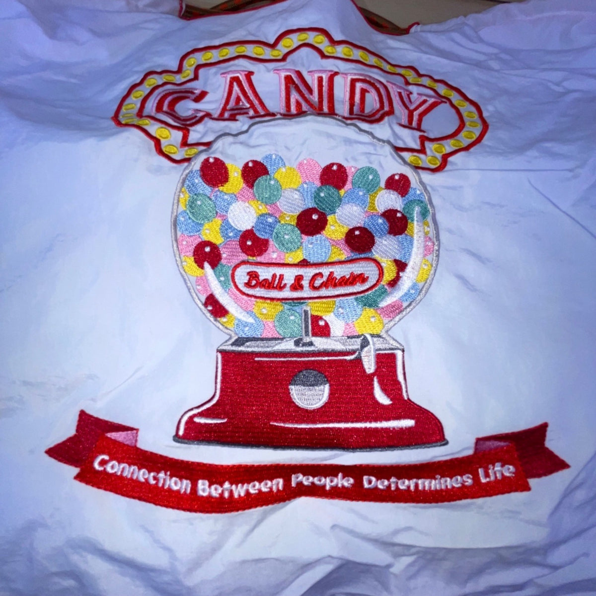 Ball & Chain Women’s White & Red Candy Embroidered Gumball Machine Satchel Bag
