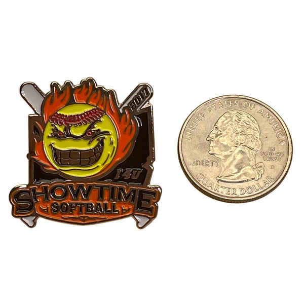 2011 Showtime Softball Trading Pin 1.25" With Baseball Bat & Flame Design