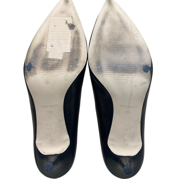 Nine West Women’s Black Leather Pointed-Toe Kitten Heel Margot Pumps Size 9.5M