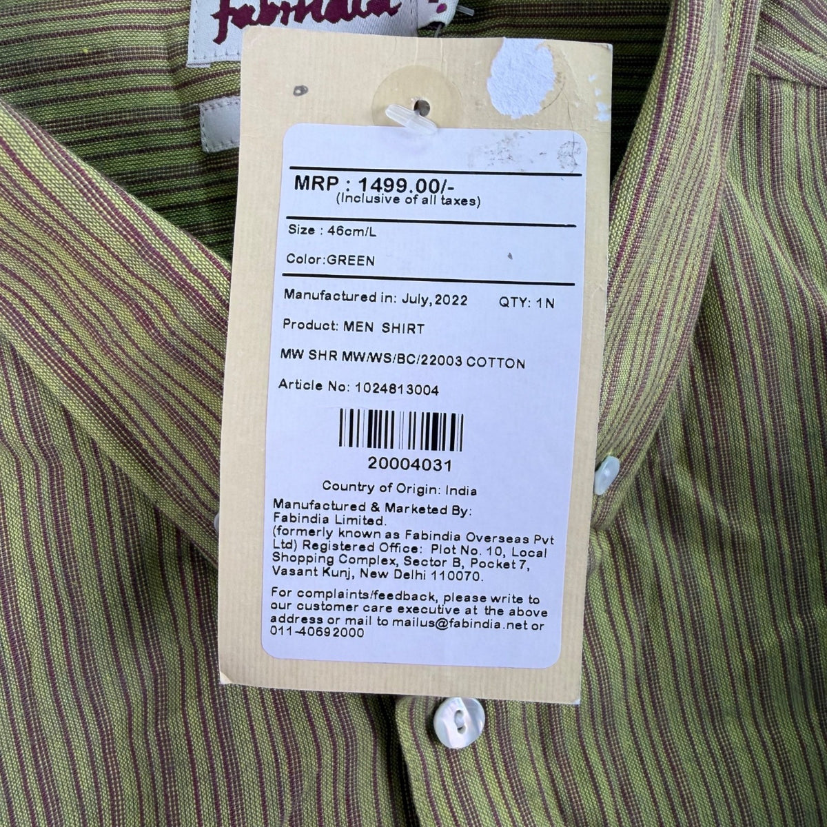 Fabindia Mens Green Striped Cotton Shirt Slim Fit Long Sleeve Size L - New