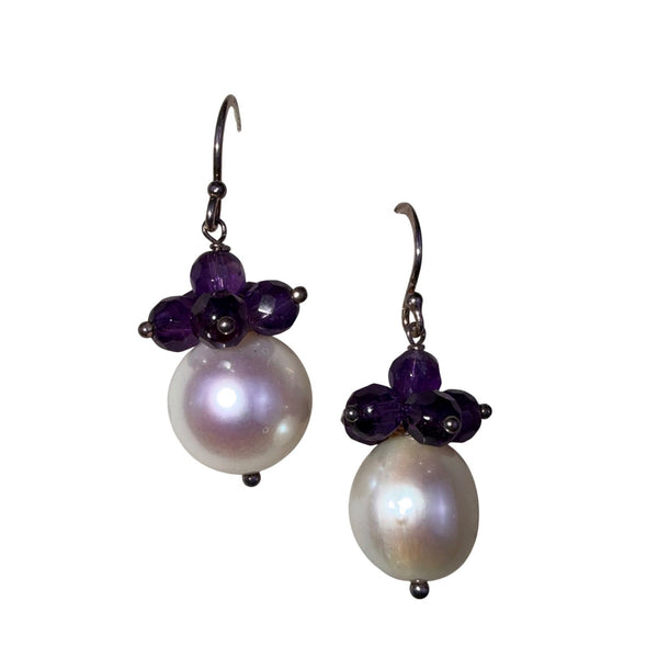 Cultured Pearl & Amethyst Womens Sterling Silver Dangle Earrings 925 